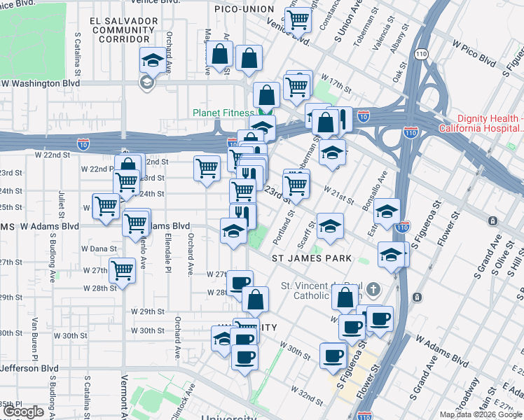 map of restaurants, bars, coffee shops, grocery stores, and more near 1026 West 24th Street in Los Angeles