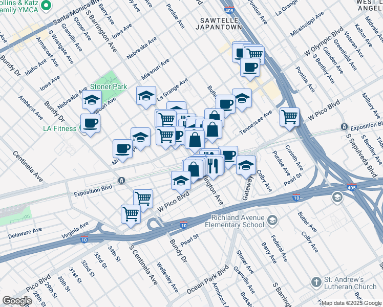 map of restaurants, bars, coffee shops, grocery stores, and more near 2223 South Barrington Avenue in Los Angeles