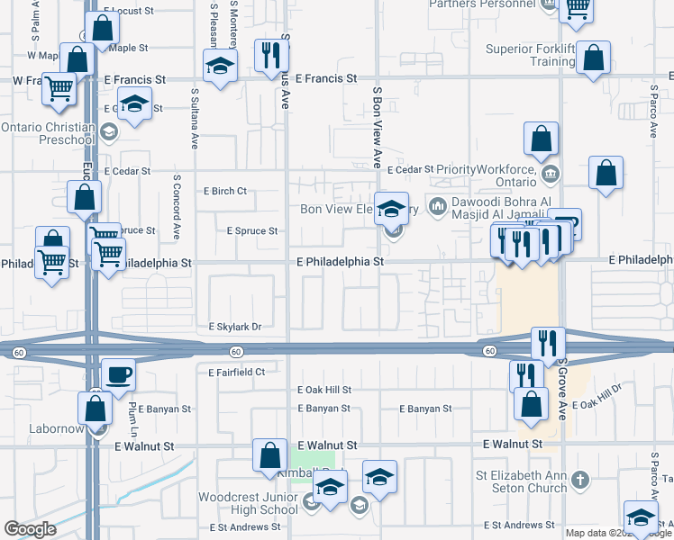 map of restaurants, bars, coffee shops, grocery stores, and more near 2204 South Taylor Place in Ontario