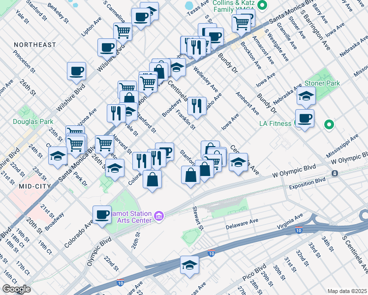 map of restaurants, bars, coffee shops, grocery stores, and more near 1637 Berkeley Street in Santa Monica