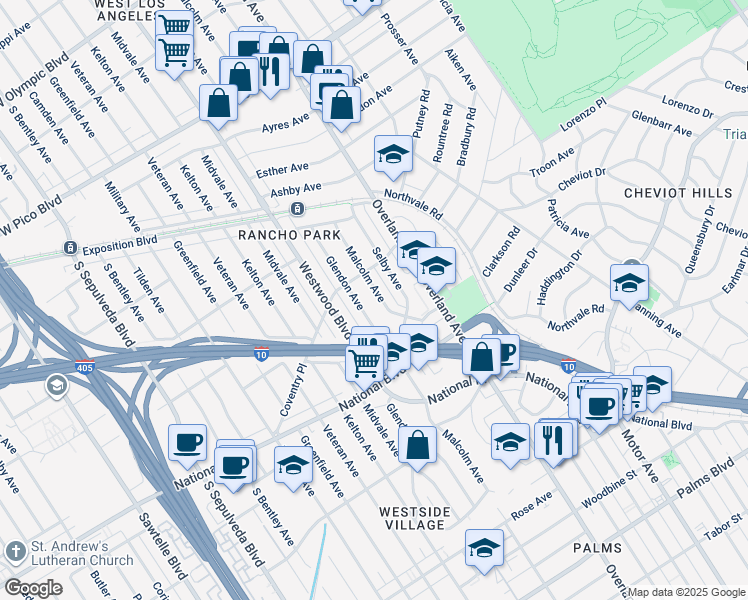 map of restaurants, bars, coffee shops, grocery stores, and more near 2831 Malcolm Avenue in Los Angeles