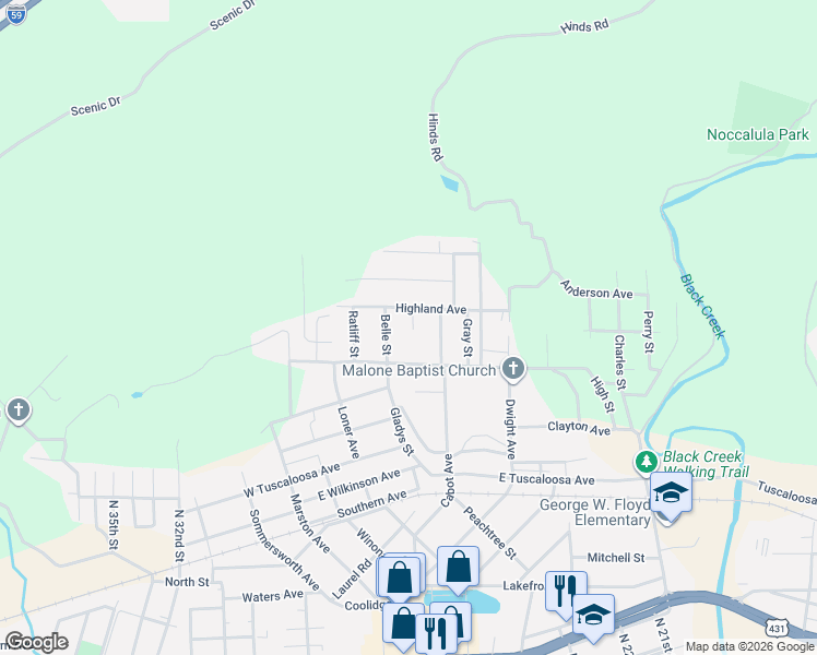 map of restaurants, bars, coffee shops, grocery stores, and more near 1216 Barkley Street in Gadsden