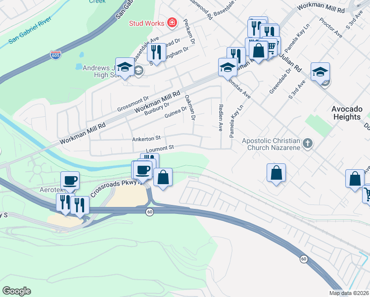 map of restaurants, bars, coffee shops, grocery stores, and more near 13548 Loumont Street in Whittier