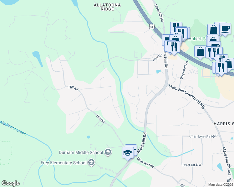 map of restaurants, bars, coffee shops, grocery stores, and more near 3226 Aviary Ct NW in Acworth