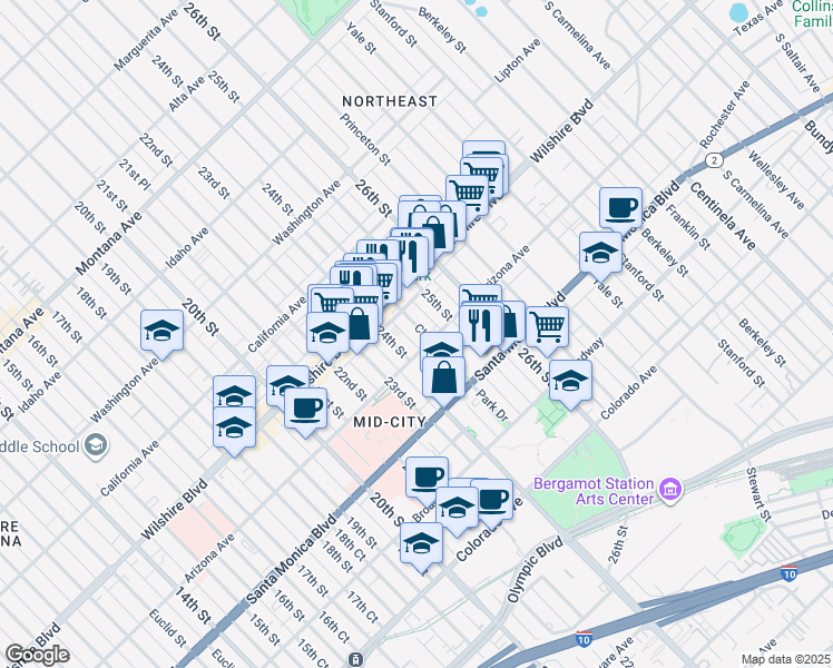 map of restaurants, bars, coffee shops, grocery stores, and more near 1246 Chelsea Avenue in Santa Monica