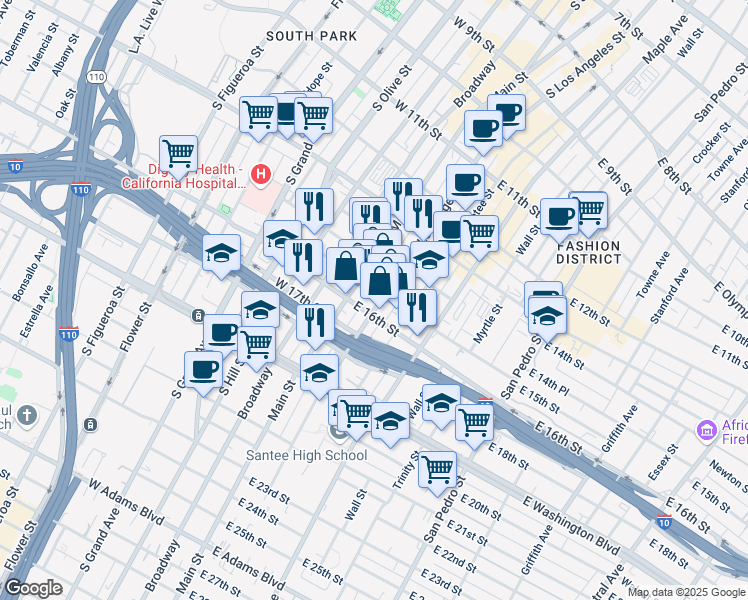 map of restaurants, bars, coffee shops, grocery stores, and more near 1501 South Los Angeles Street in Los Angeles