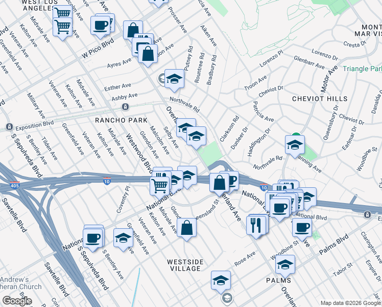 map of restaurants, bars, coffee shops, grocery stores, and more near 2911 Overland Avenue in Los Angeles