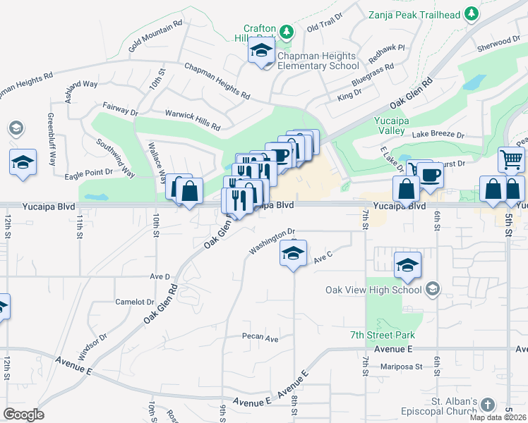 map of restaurants, bars, coffee shops, grocery stores, and more near 33601 Yucaipa Boulevard in Yucaipa
