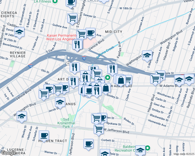 map of restaurants, bars, coffee shops, grocery stores, and more near 5835 Dauphin Ave. in Culver City