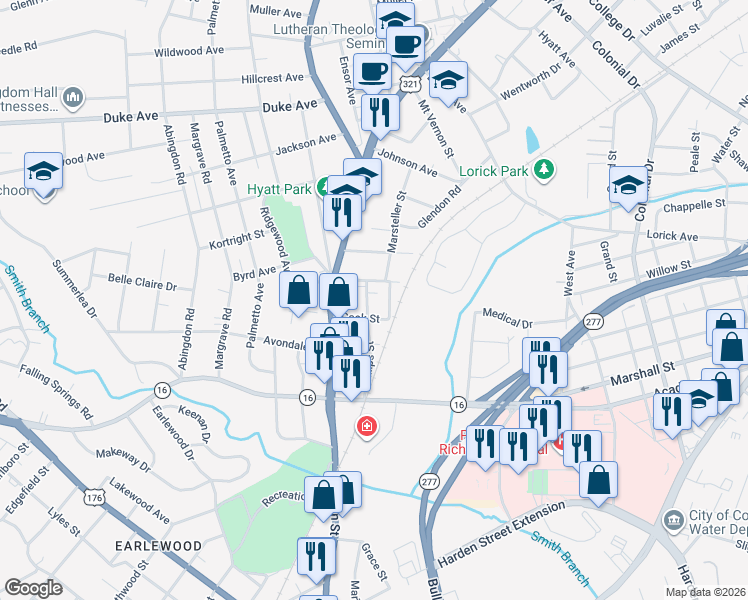 map of restaurants, bars, coffee shops, grocery stores, and more near 3608 Phillips Street in Columbia