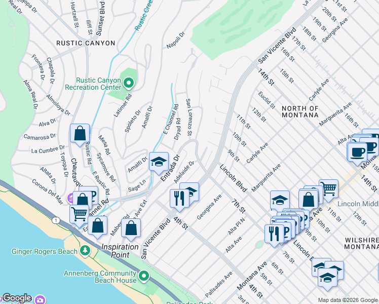 map of restaurants, bars, coffee shops, grocery stores, and more near 562 Stassi Lane in Santa Monica