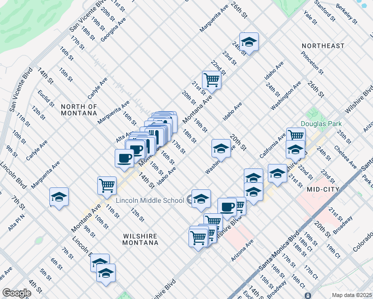 map of restaurants, bars, coffee shops, grocery stores, and more near 853 17th Street in Santa Monica