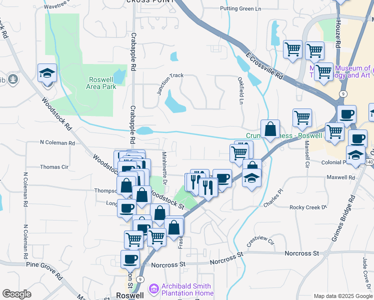 map of restaurants, bars, coffee shops, grocery stores, and more near 1280 Pine Valley Court in Roswell