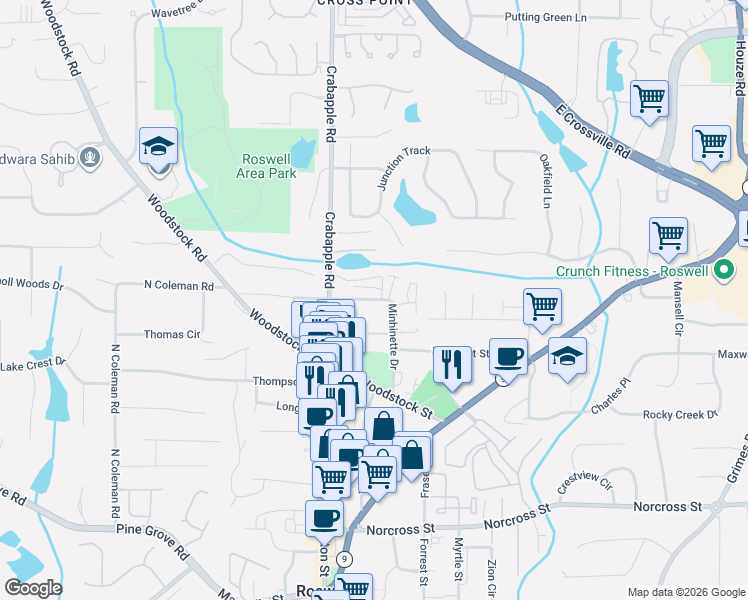 map of restaurants, bars, coffee shops, grocery stores, and more near 1291 Minhinette Drive in Roswell