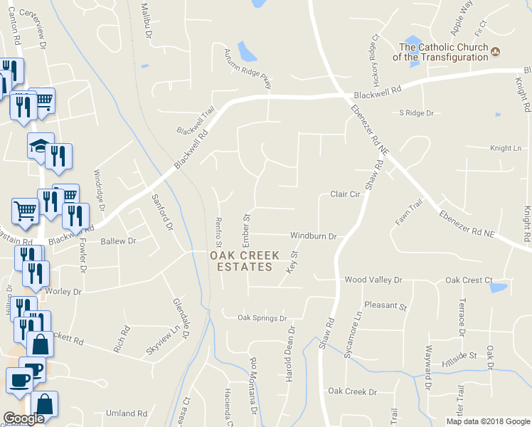 map of restaurants, bars, coffee shops, grocery stores, and more near 3492 Ember Street in Marietta