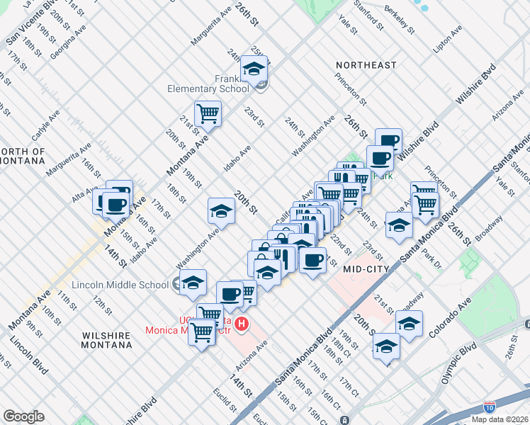 map of restaurants, bars, coffee shops, grocery stores, and more near 1041 20th Street in Santa Monica