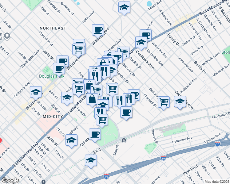map of restaurants, bars, coffee shops, grocery stores, and more near 2814 Broadway in Santa Monica
