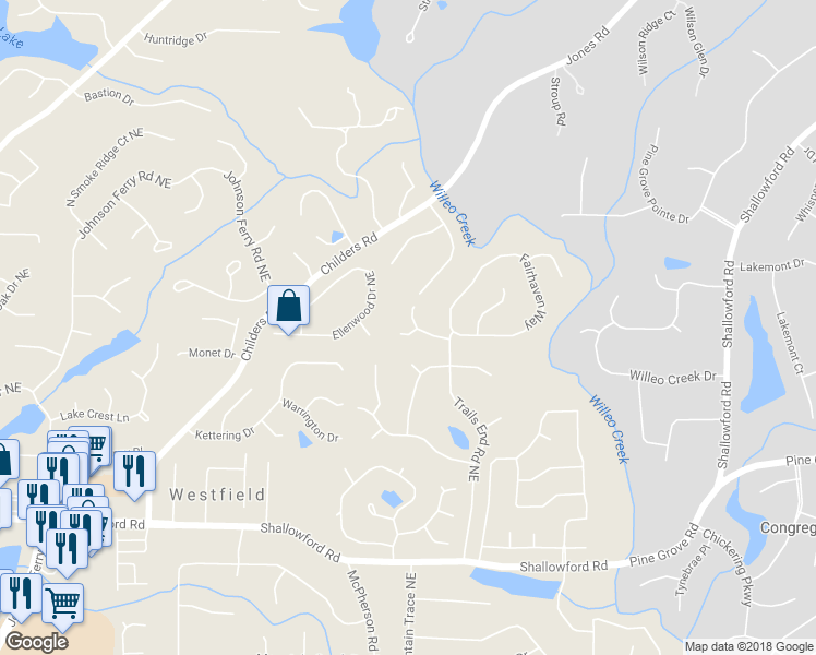 map of restaurants, bars, coffee shops, grocery stores, and more near 4864 Grandview Trace in Roswell