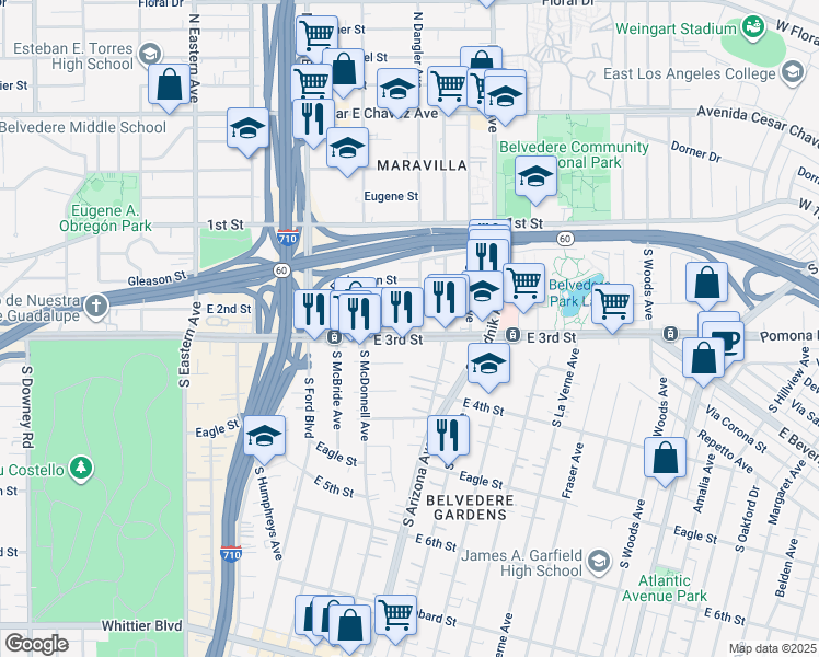 map of restaurants, bars, coffee shops, grocery stores, and more near 4641 East 3rd Street in East Los Angeles