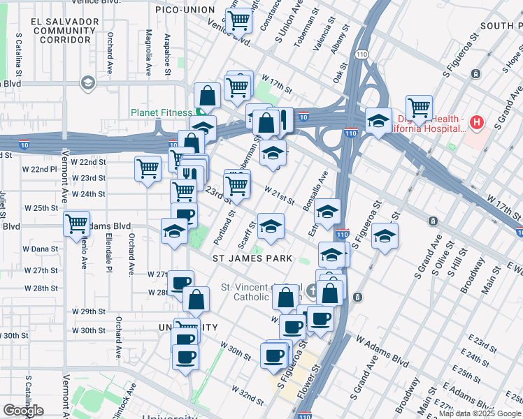 map of restaurants, bars, coffee shops, grocery stores, and more near 861 West 23rd Street in Los Angeles