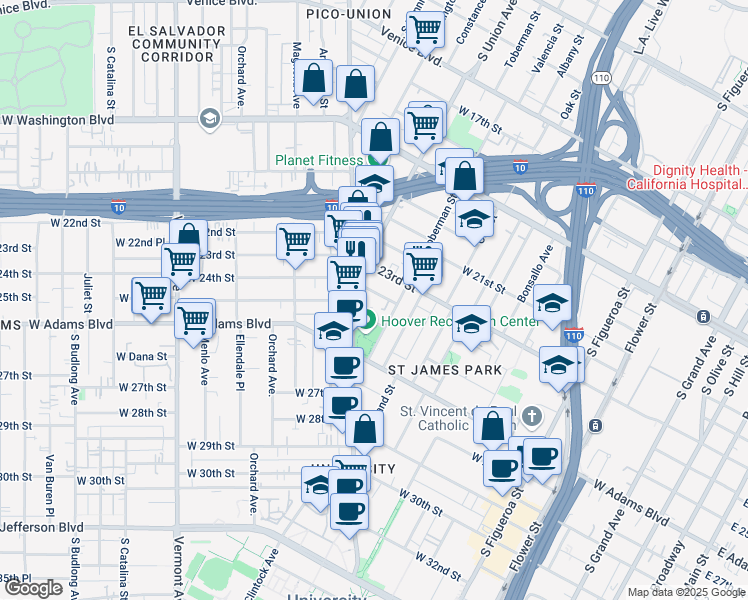 map of restaurants, bars, coffee shops, grocery stores, and more near 1004 West 24th Street in Los Angeles