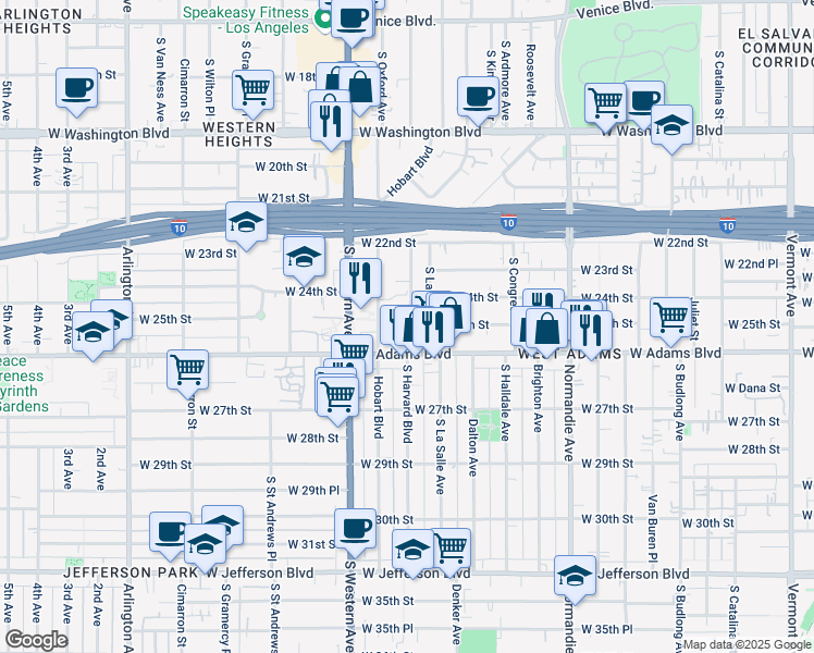 map of restaurants, bars, coffee shops, grocery stores, and more near 1920 West 25th Street in Los Angeles