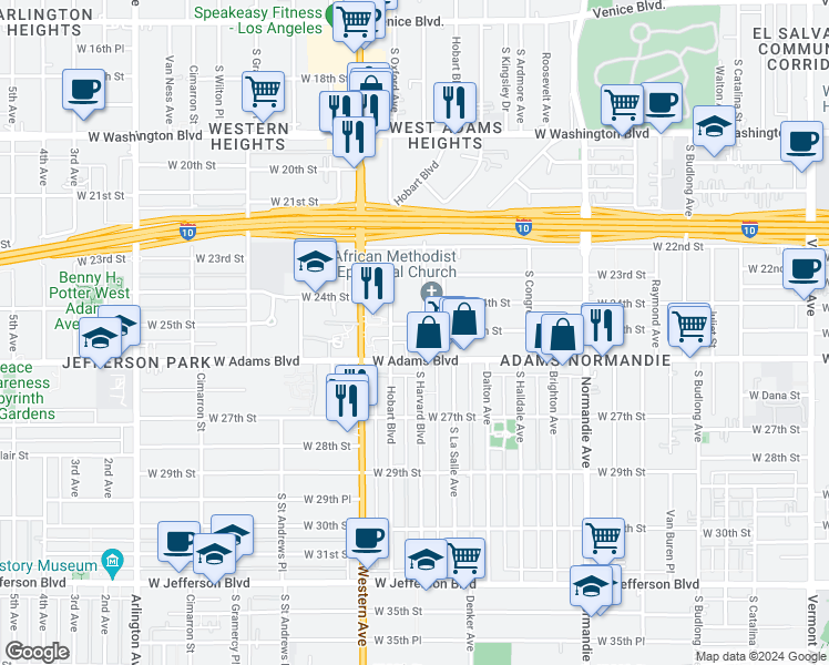 map of restaurants, bars, coffee shops, grocery stores, and more near 1920 West 25th Street in Los Angeles