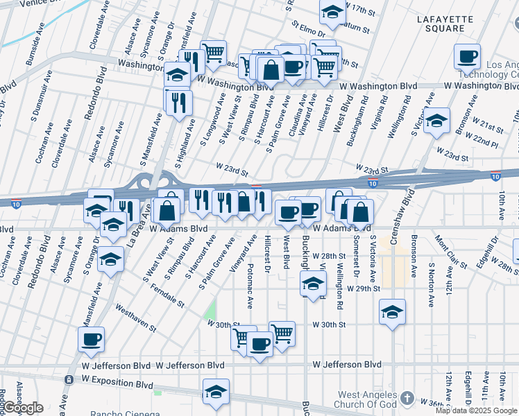 map of restaurants, bars, coffee shops, grocery stores, and more near 2517 Lucerne Avenue in Los Angeles