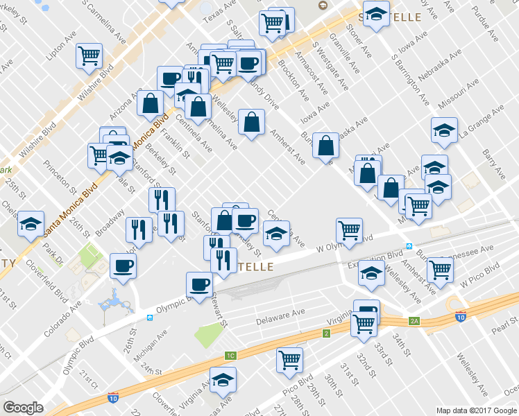 map of restaurants, bars, coffee shops, grocery stores, and more near in Los Angeles County