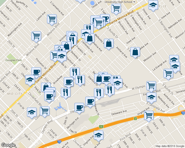 map of restaurants, bars, coffee shops, grocery stores, and more near 1637 Berkeley Street in Santa Monica