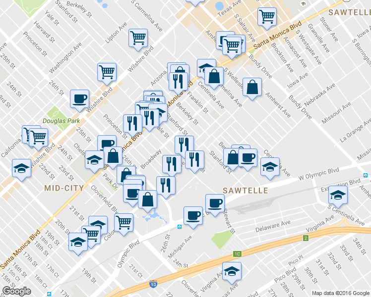 map of restaurants, bars, coffee shops, grocery stores, and more near 1545 Yale Street in Santa Monica