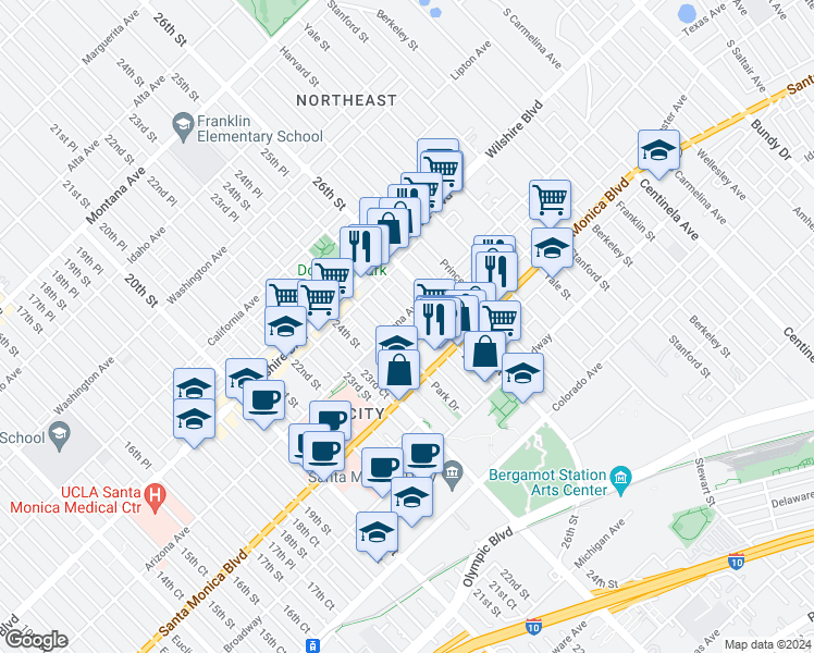 map of restaurants, bars, coffee shops, grocery stores, and more near 2510 Arizona Avenue in Santa Monica