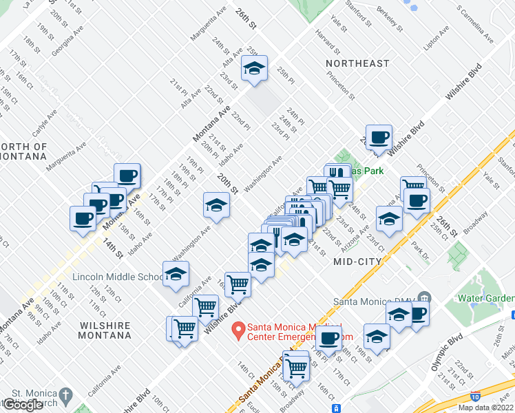 map of restaurants, bars, coffee shops, grocery stores, and more near 1041 20th Street in Santa Monica