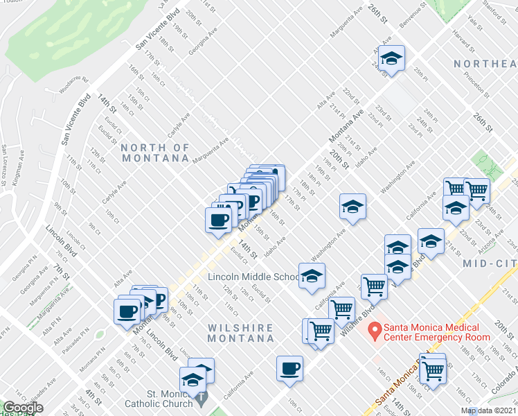 map of restaurants, bars, coffee shops, grocery stores, and more near 1511 Montana Place North in Santa Monica