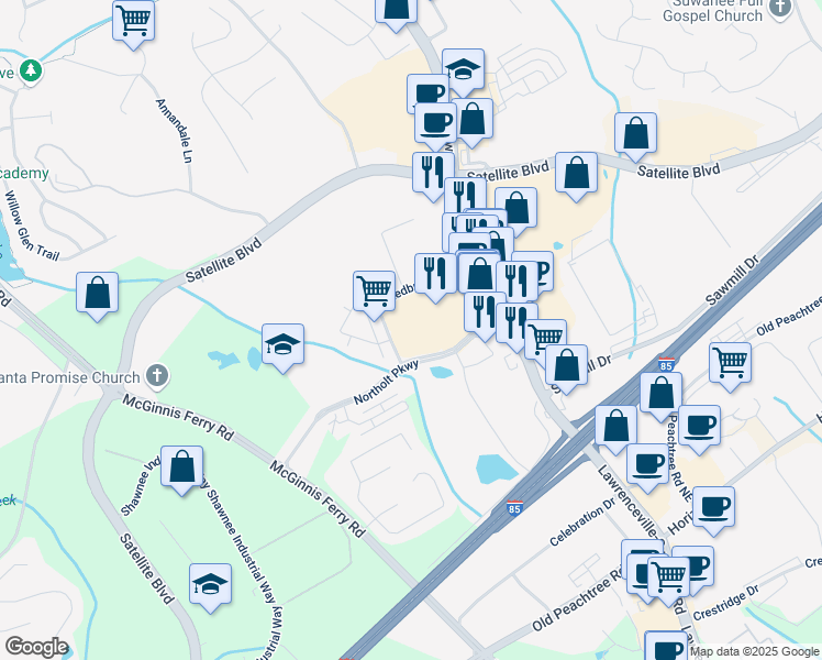 map of restaurants, bars, coffee shops, grocery stores, and more near 481 Northolt Parkway in Suwanee