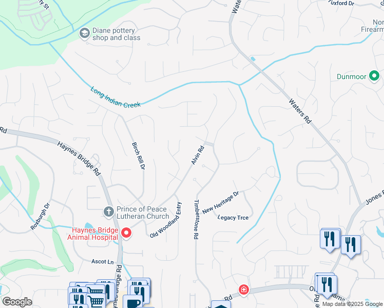 map of restaurants, bars, coffee shops, grocery stores, and more near 10350 Alvin Road in Johns Creek