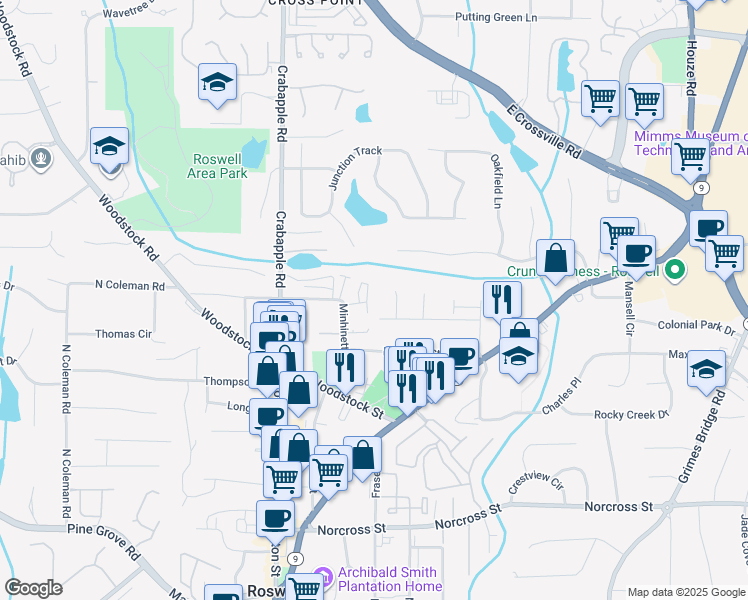 map of restaurants, bars, coffee shops, grocery stores, and more near 1280 Pine Valley Court in Roswell