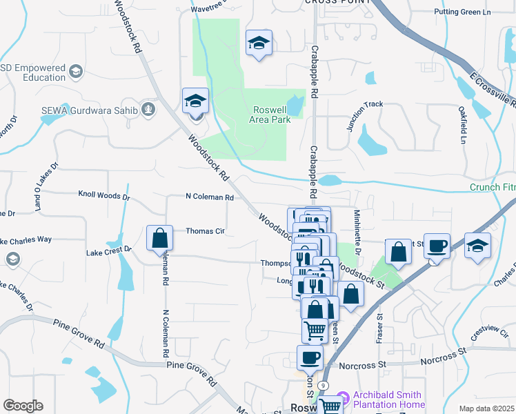 map of restaurants, bars, coffee shops, grocery stores, and more near 83 Woodstock Road in Roswell