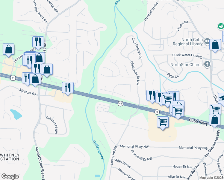 map of restaurants, bars, coffee shops, grocery stores, and more near 220 Park Forest Way Northwest in Kennesaw