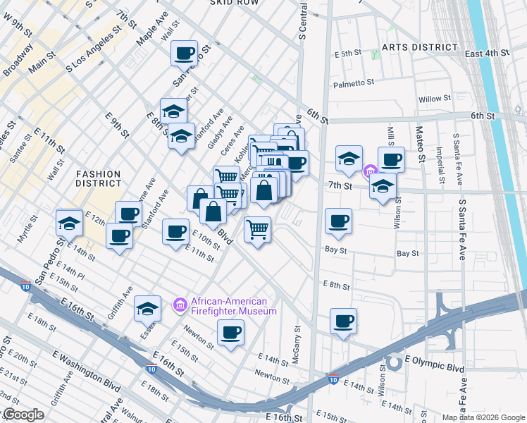map of restaurants, bars, coffee shops, grocery stores, and more near 780 Market Court in Los Angeles