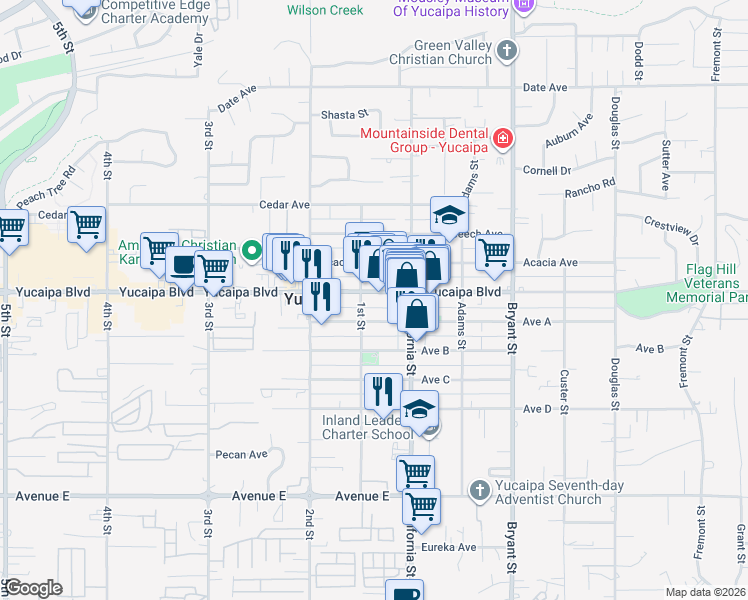 map of restaurants, bars, coffee shops, grocery stores, and more near 35025 Yucaipa Boulevard in Yucaipa