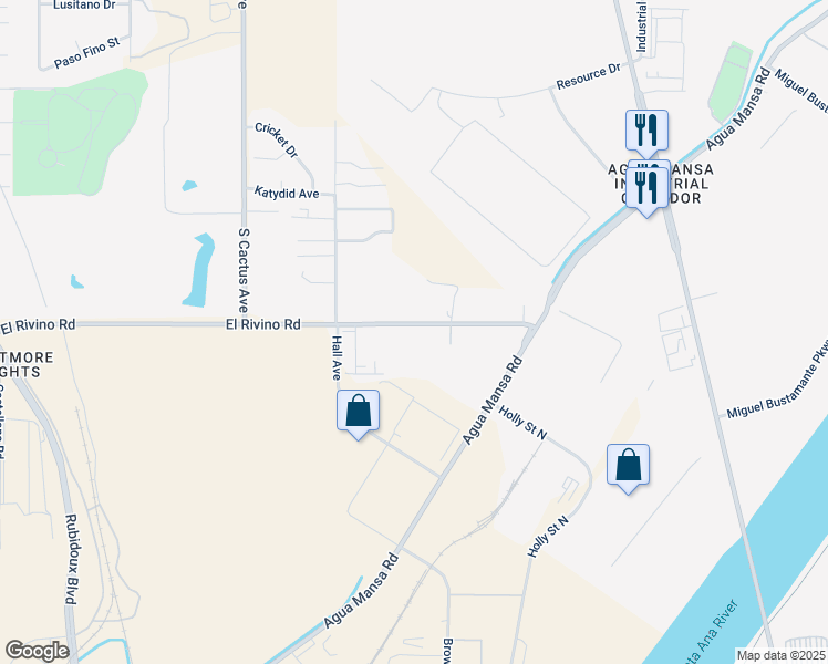 map of restaurants, bars, coffee shops, grocery stores, and more near 5248 El Rivino Road in Riverside