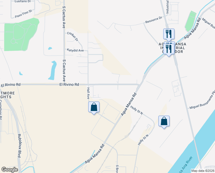 map of restaurants, bars, coffee shops, grocery stores, and more near 5258 El Rivino Road in Riverside