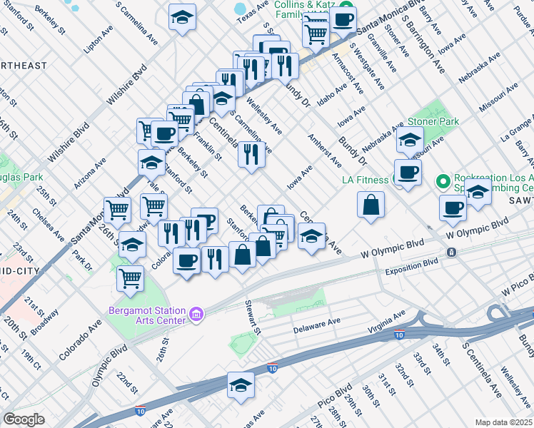 map of restaurants, bars, coffee shops, grocery stores, and more near 1702 Franklin Street in Santa Monica