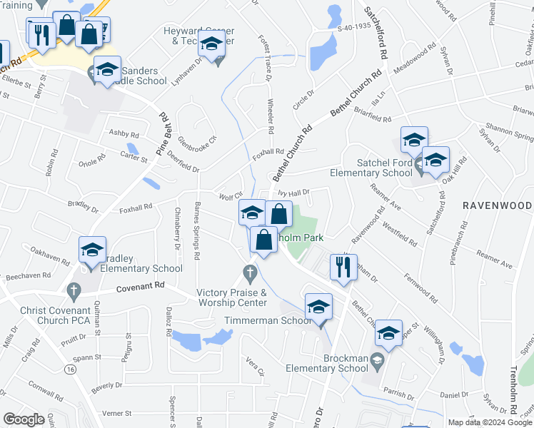 map of restaurants, bars, coffee shops, grocery stores, and more near 4443 Bethel Church Road in Columbia