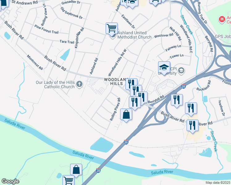 map of restaurants, bars, coffee shops, grocery stores, and more near 2432 Rolling Pines Road in Columbia