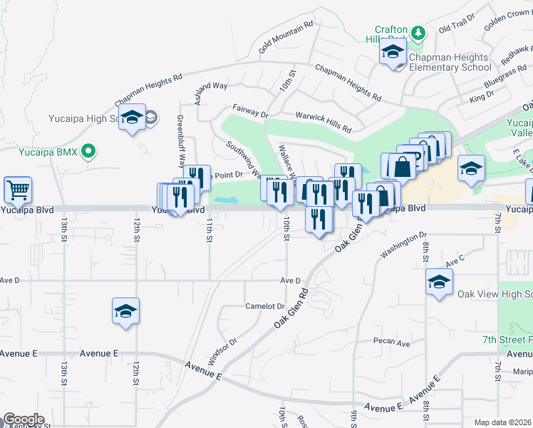 map of restaurants, bars, coffee shops, grocery stores, and more near 33223 Yucaipa Boulevard in Yucaipa