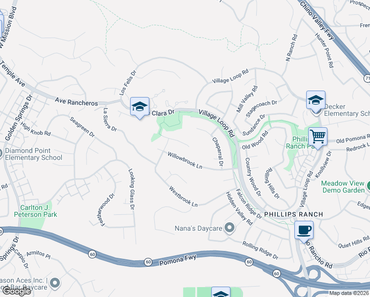 map of restaurants, bars, coffee shops, grocery stores, and more near 18 Pala Mesa Drive in Pomona