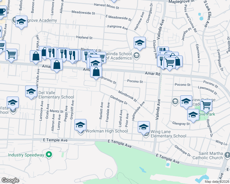 map of restaurants, bars, coffee shops, grocery stores, and more near 16216 Montbrook Street in La Puente