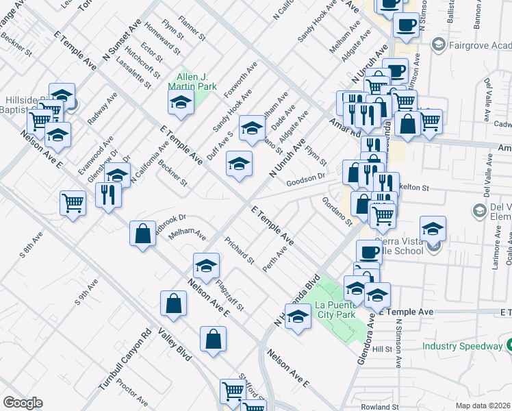 map of restaurants, bars, coffee shops, grocery stores, and more near 15210 Temple Avenue in La Puente